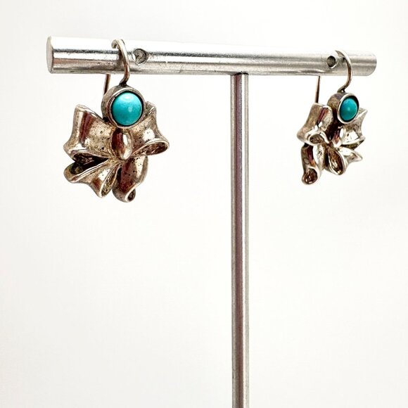 VTG Sterling Silver 925 Turquoise Bow Design Dangle Earrings 1.25" Length - Picture 4 of 9